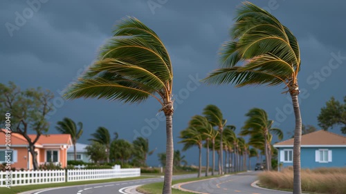 Dark clouds loom over palm trees bending in fierce wind. Palm fronds whip left, revealing stormy, brooding skies. Coastal homes peek through white fences and curving roads