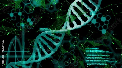 DNA helix rotating after code overlay appearing, nodes pulsing, HUD shifting, showing gene data