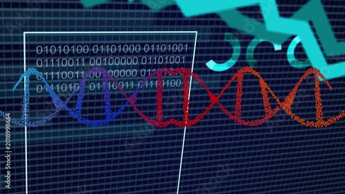 Left-right cam pan starting, colorful DNA helix shifting colors and revealing overlays for analysis