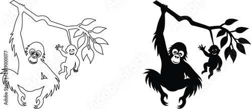 Photography Orangutan and baby silhouette vector art on transparent background showing primates branch