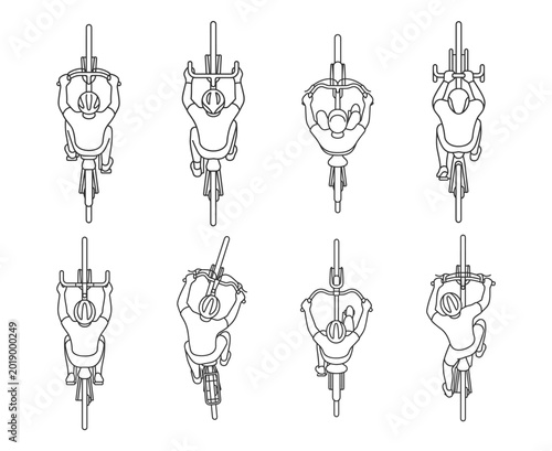 Fotografie top view line drawings of cyclists riding bicycles with helmets in various ridin