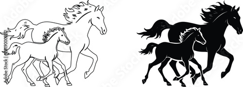 Running horse and foal silhouette illustration for laser cut design or metal wall artwork.