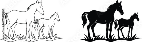Photography Set of line art and silhouette illustrations of mother horses standing with their small foals