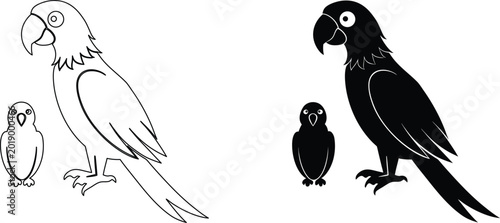 Foto Set of line art and silhouette illustrations of mother parrots standing with their baby chicks