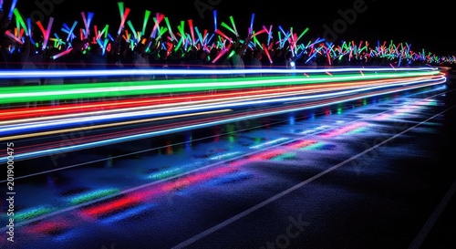 Vibrant neon light trails sweep across a dark asphalt track during an energetic nighttime event filled with glowing sticks and bright colors, road, endurance, asphalt