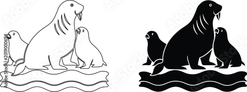 Fotografia Walrus family on ice floe outline and solid black silhouette vector images on transparent background