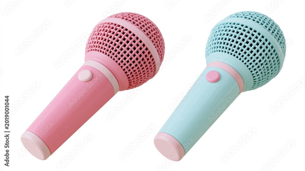 Fototapeta premium Two colorful toy microphones, pink and turquoise, isolated on white background, perfect for music, performance, and creative play