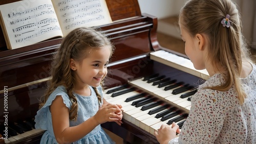 Two Young Girls Sharing a Joyful Piano Lesson Together in a Bright and Inviting Home Environment