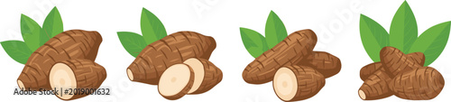 Konstfotografi Set of fresh cassava root vector illustrations featuring whole yuca tubers, sliced pieces with white centers, and green leaves isolated on white background for food design