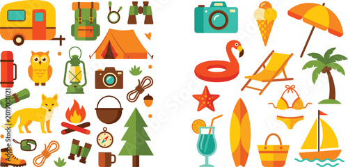 Photography Mega collection of summer travel vector icons featuring camping equipment, forest animals, beach vacation symbols, surfing gear, and outdoor adventure elements isolated on white background