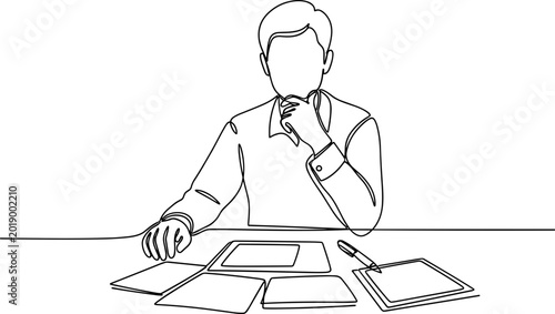 Tableau sur toile Man contemplating at desk with papers and pen, single line art illustration