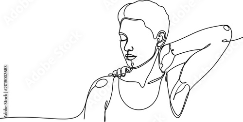 Minimalist line art drawing of a woman with short hair holding her neck in pain or discomfort.
