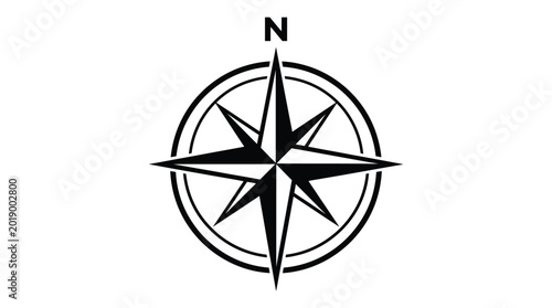 Black compass rose symbol with north direction indicator on white background