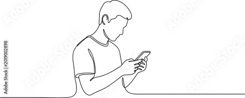 Vászonkép Continuous line drawing of a young man holding and using a smartphone