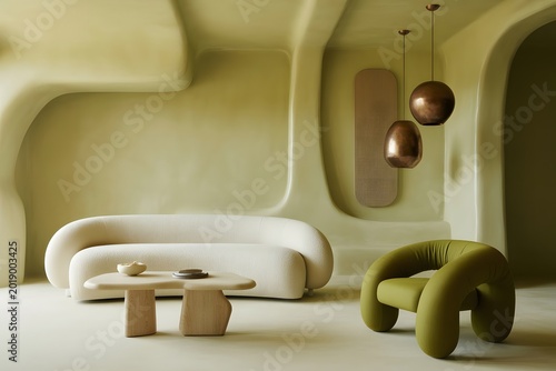 Living Room Interior with Organic Shapes and Modern Furniture