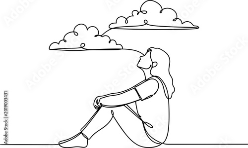 One line drawing of a woman sitting and looking up at clouds, contemplation and daydreaming