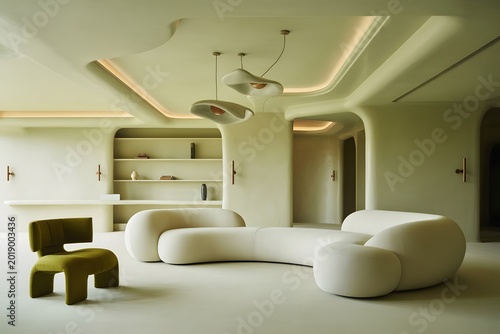 Living Room Interior with Curved Sofa and Sculptural Lighting