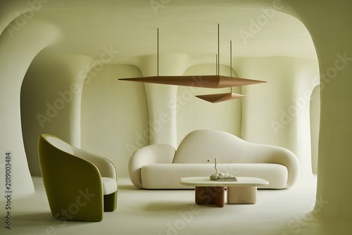 Organic-shaped living room with curved sofa and armchair in a neutral palette