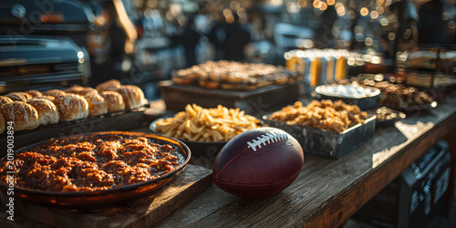 A football tailgate scene that involves food and drinks before a gridiron game. Gridiron pregame gathering, victuals, beverage consumption, festive occasion, sporting celebration, outdoor recreation n