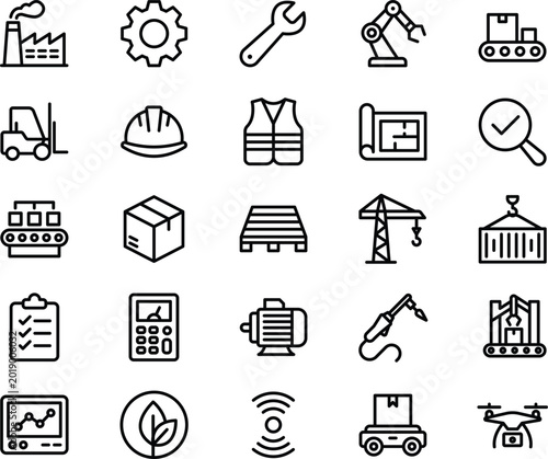 Industrial manufacturing and smart factory line icons set for engineering business