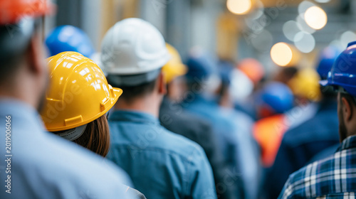 Large group of workers standing together in a factory setting, workforce gathering, industrial community, production team, diverse employees, hard hats and uniforms, faceless,