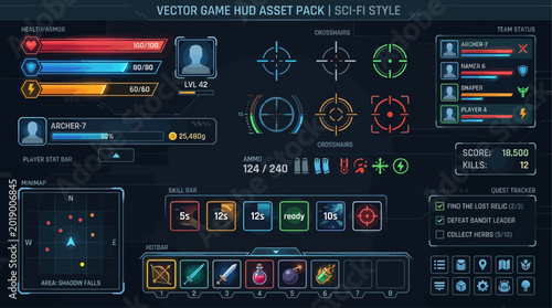 Fotografía Comprehensive Sci-Fi Vector Game HUD Asset Pack Futuristic User Interface Elemen