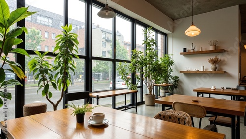 Cozy Modern Cafe Interior with Green Plants and Glass Walls