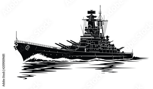 Fotografie Detailed black silhouette of a battleship sailing on water with wave patterns is