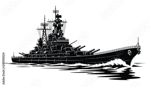 Canvastavla Detailed black silhouette of a battleship sailing on waves against a white backg