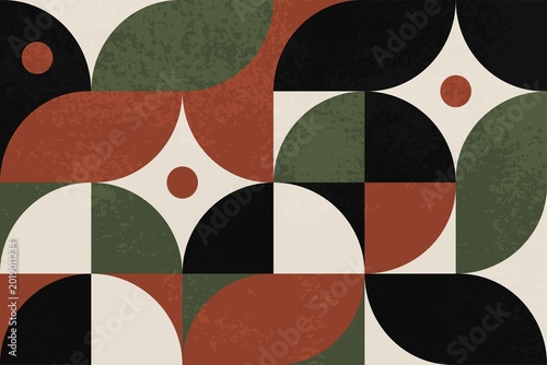 Textured geometric abstract collection in mid-century modern style featuring earthy colors, retro organic shapes, distressed grain texture, minimalist Bauhaus-inspired compositions.