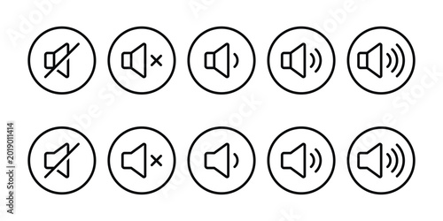 Speaker sound volume line icon set in circles with mute and wave levels