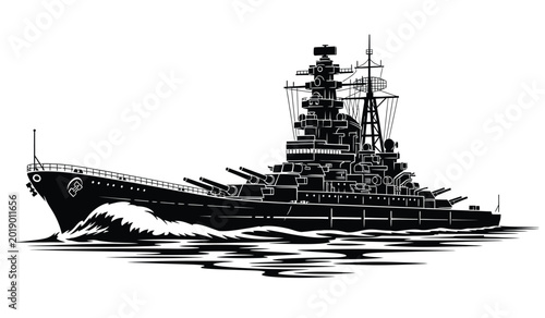 Billede på lærred Detailed black silhouette of a battleship sailing on water with waves nautical i