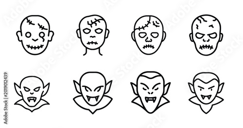 Zombie outline icons set vampire horror monster scary ghost Halloween face death spooky creepy & more vector illustration with editable stroke.