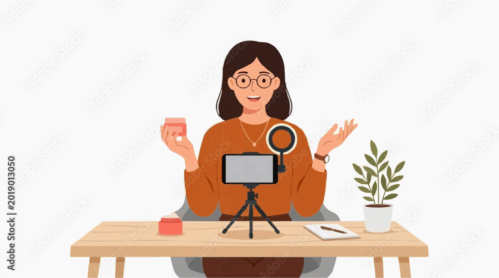 Fototapeta premium Woman recording video blog with product and plant on desk
