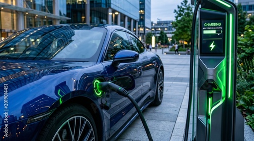 modern electric car charging at futuristic charging station in sunny city