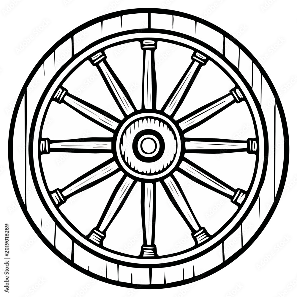 Fototapeta premium Cartoon wheel illustration. Wooden wagon wheel graphic design.