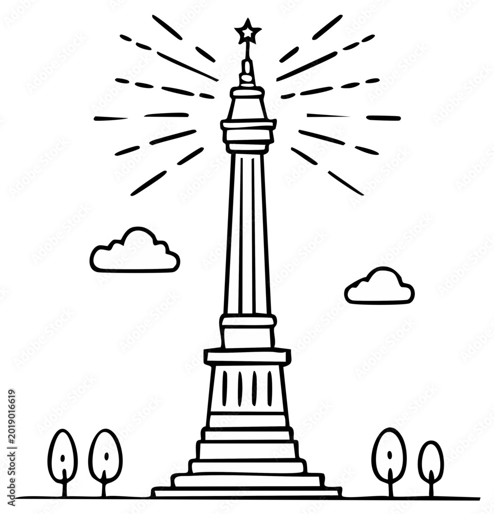 Fototapeta premium Simple hand drawn tall column with shining star, clouds, and trees vector illustration