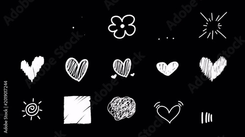 White Doodle Hearts and Sparkles Hand Drawn 2D Animation Elements with Transparent Background