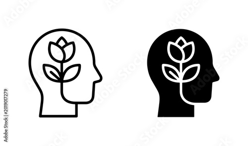 Tableau sur toile Mindfulness, Growth, and Ideas: Human Head Silhouette with Blooming Flower Icon