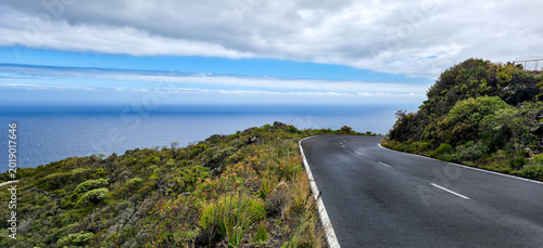 Scenic coastal road winding along cliffside with lush greenery and ocean view in tropical landscape