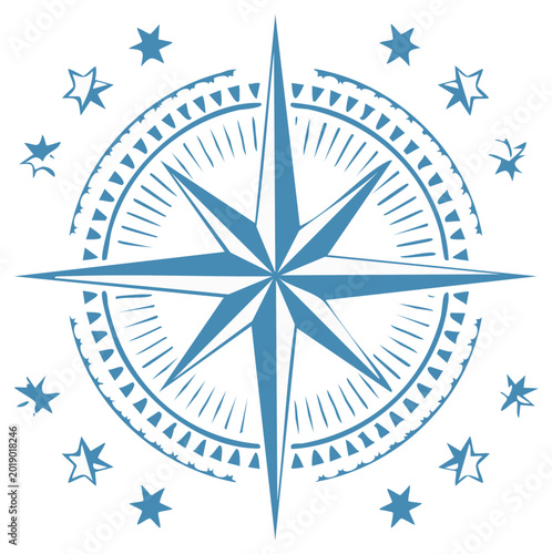 Stylized blue compass rose design with ornate circular border and scattered stars