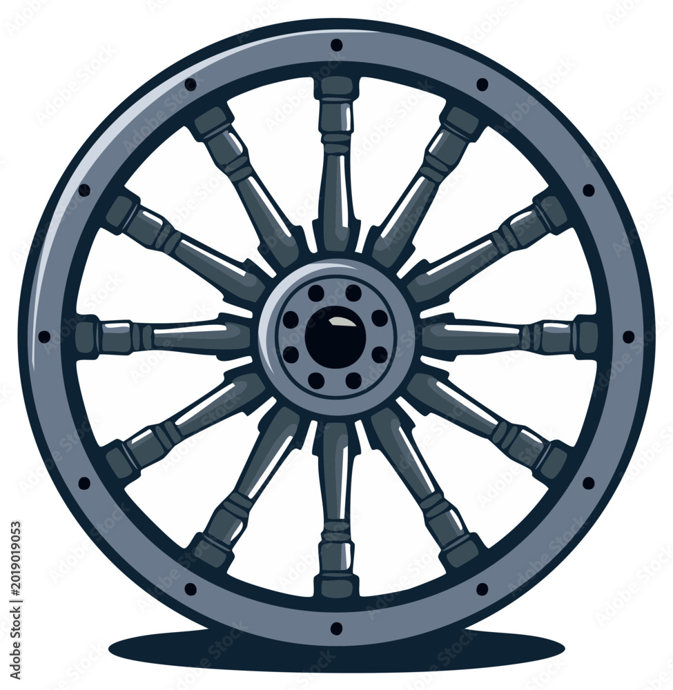 Fototapeta premium Illustration of a stylized cartoon wagon wheel, isolated graphic element.