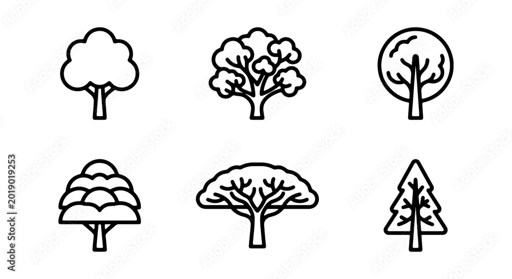 Obraz premium Vector Tree Icons Set: Nature, Forest, Woodland, Botanical, Growth, Organic, Simple Outline