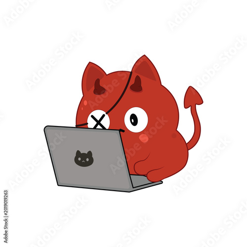 Cute Devil Cat Focus Mode Laptop Sticker Vector Illustration