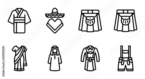 Obraz na płótnie Global Traditional Clothing Icons Set: Kimono, Poncho, Kilt, Saree, Thobe, Dirnd