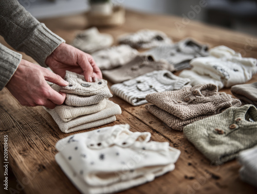 Hands folding cozy knitted sweaters on rustic wooden table indoors