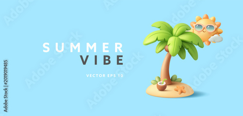 Summer vibe banner. 3d palm tree with coconut cocktail on the island, fun sun character. For summer tropical vacation concepts. Vector illustration.