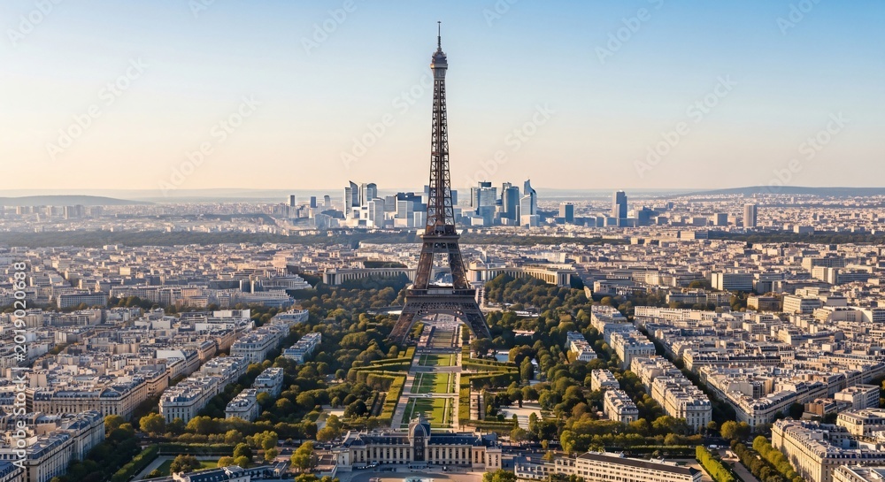 Fototapeta premium Eiffel Tower aerial view over Paris city skyline, Champ de Mars gardens and La Defense business district under clear blue sky, iconic French landmark, European summer travel.