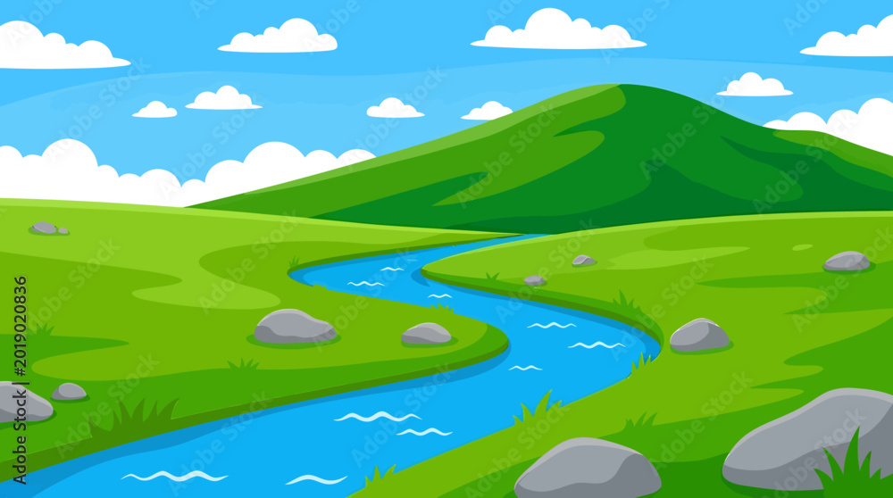 Obraz premium Cartoon landscape, green hills, blue river, sunny scenery, vector illustration