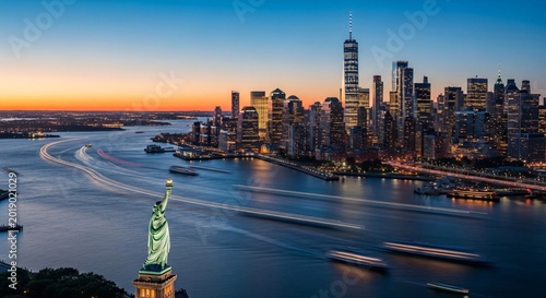 Statue of Liberty and New York City skyline at sunset, patriotic Memorial Day theme, One World Trade Center, freedom icon, urban landscape, dusk city lights